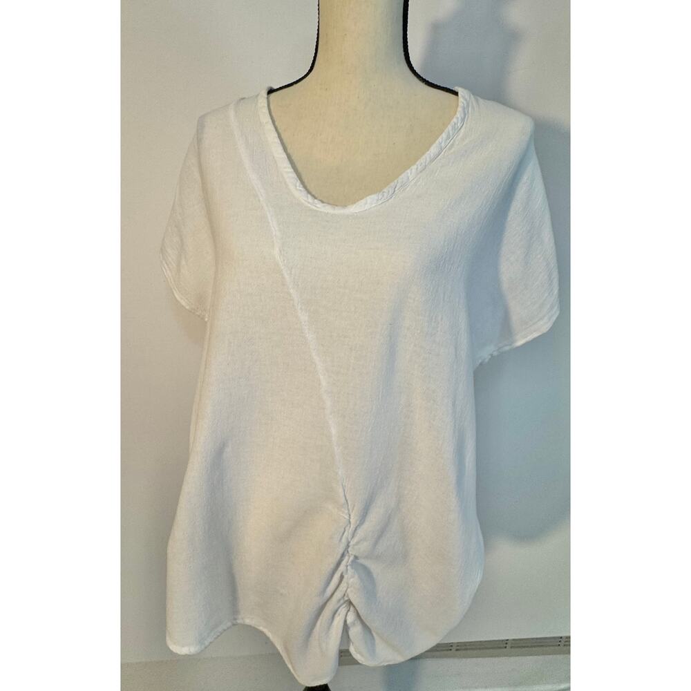 Oh My Gauze! White Ruched Tee M Cotton Top Cap Sleeve T-shirt Size 2 M